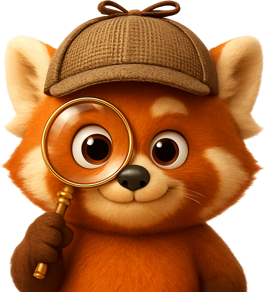 Panda roux détective privé avec une loupe, cherche une place dans une micro-crèche