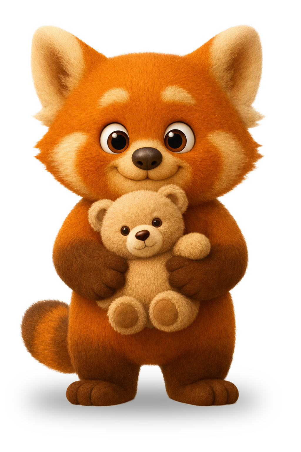 Panda roux avec un ours en peluche dans les mains